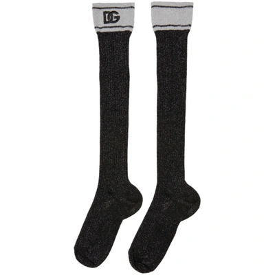 Shop Dolce & Gabbana Black Lurex Logo Socks In N0012 Nero/argento