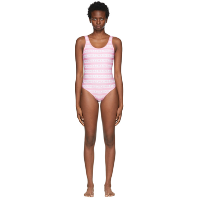 Shop Balmain Pink & White Bicolor Monogram One-piece Swimsuit In 651 Pink