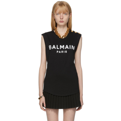 Shop Balmain Black Logo Button Tank Top In Eab Noir/blanc