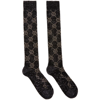 Shop Gucci Black & Silver Crystal Gg Socks In 1063 Black/light Gre