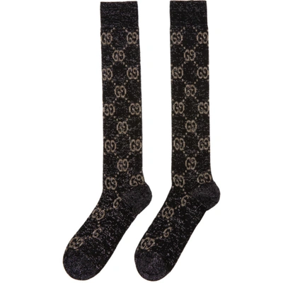 Shop Gucci Black & Silver Crystal Gg Socks In 1063 Black/light Gre