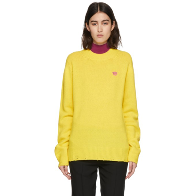 Shop Versace Yellow Embroidered Logo Knit Sweater In 1y470 Brigh