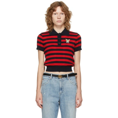 Shop Gucci Navy & Red Stripe Cat Patch Polo In 4668 Blue/red