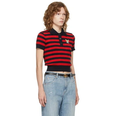Shop Gucci Navy & Red Stripe Cat Patch Polo In 4668 Blue/red
