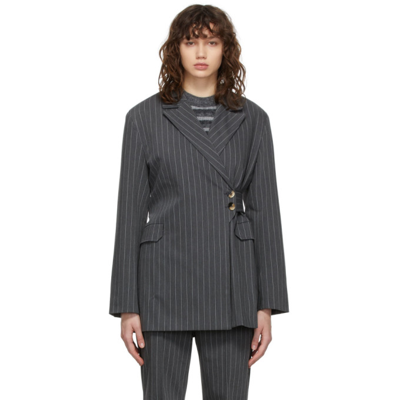 Shop Ganni Grey Asymmetrical Stripe Blazer In 252 Phantom