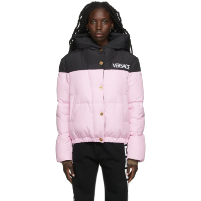 Shop Versace Pink & Black Down Logo Puffer Jacket In 2b140 Black Rose