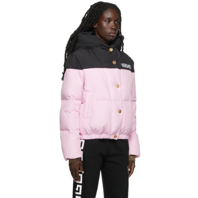 Shop Versace Pink & Black Down Logo Puffer Jacket In 2b140 Black Rose