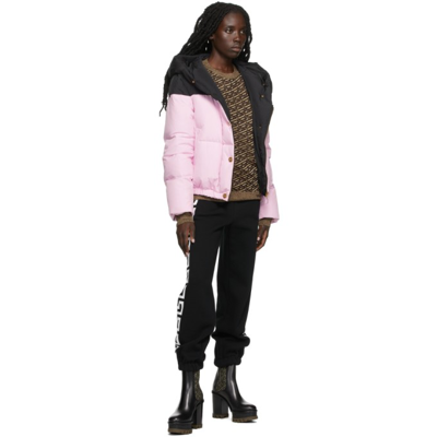 Shop Versace Pink & Black Down Logo Puffer Jacket In 2b140 Black Rose