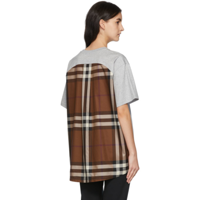 Shop Burberry Grey Cotton Check Panel Oversized T-shirt In Pale Grey Melange