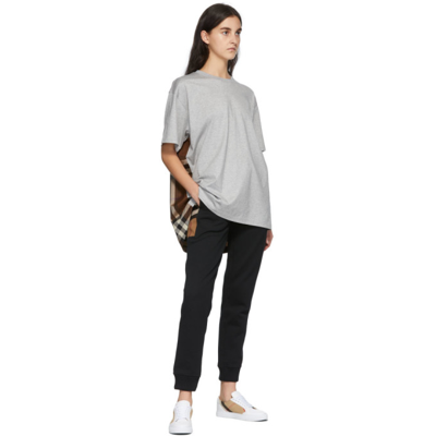 Shop Burberry Grey Cotton Check Panel Oversized T-shirt In Pale Grey Melange