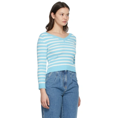 Shop Msgm Blue & White Striped Jacquard Logo V-neck Sweater In Blue White