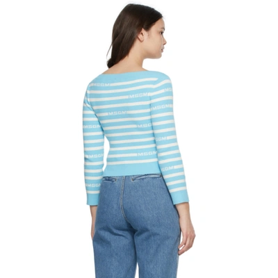 Shop Msgm Blue & White Striped Jacquard Logo V-neck Sweater In Blue White