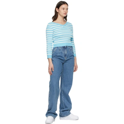 Shop Msgm Blue & White Striped Jacquard Logo V-neck Sweater In Blue White