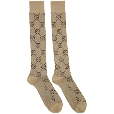 Shop Gucci Beige Lamé Gg Socks In 9964 Shell/dark Brow