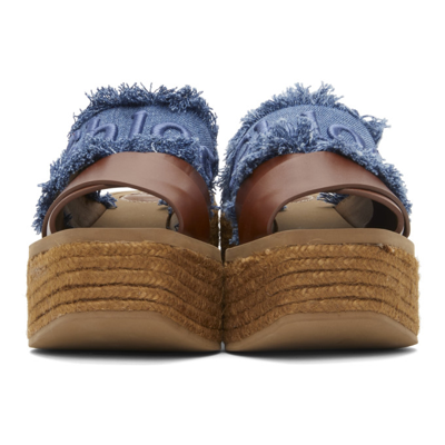 Shop Chloé Brown & Blue Denim Woody Espadrilles Platform Sandals In 477 Deep Denim