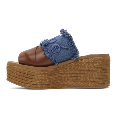 Shop Chloé Brown & Blue Denim Woody Espadrilles Platform Sandals In 477 Deep Denim