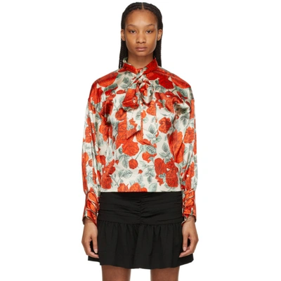 Shop Ganni Red & Beige Silk Floral Oversized Blouse In 196 Brazilian Sand