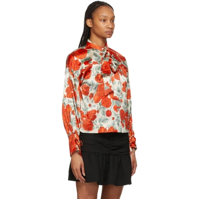 Ganni Rose Print Oversized Tie-neck Stretch-silk Blouse In Brazilian Sand |  ModeSens