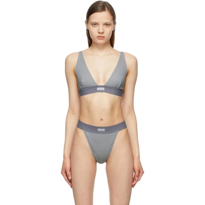 Shop Skims Grey Cotton Rib Plunge Bralette In Pacific