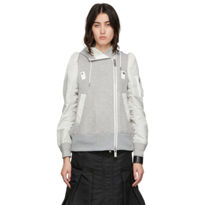 Shop Sacai Nylon Twill & Sponge Paneled Hoodie In Lt Gry