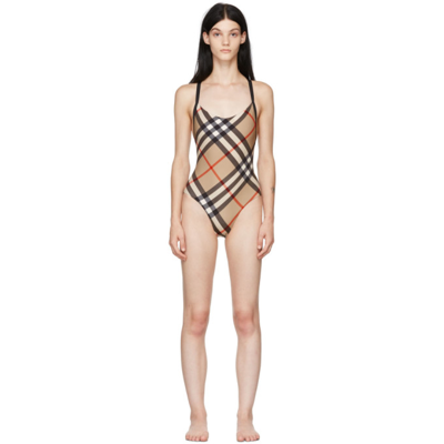 Shop Burberry Alagon Check One-piece Swimsuit In Archive Beige Ip Chk