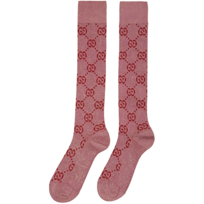 Shop Gucci Pink & Red Lamé Gg Socks In 5872 Roseate/pink