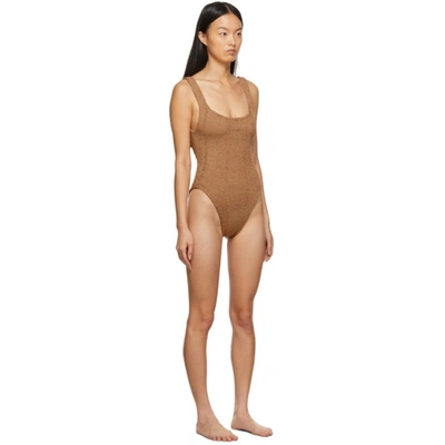 Shop Hunza G Brown Square Neck One-piece Swimsuit In Metallic Cocoa