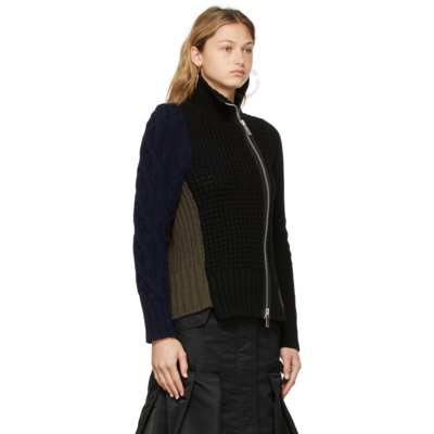 Shop Sacai Black & Khaki Wool Knit Zip-up Sweater In 012 Black×khaki