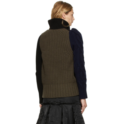 Shop Sacai Black & Khaki Wool Knit Zip-up Sweater In 012 Black×khaki