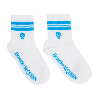 Shop Alexander Mcqueen White & Blue Stripe Skull Socks In 9069 White/sky Blue