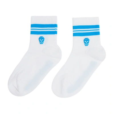 Shop Alexander Mcqueen White & Blue Stripe Skull Socks In 9069 White/sky Blue