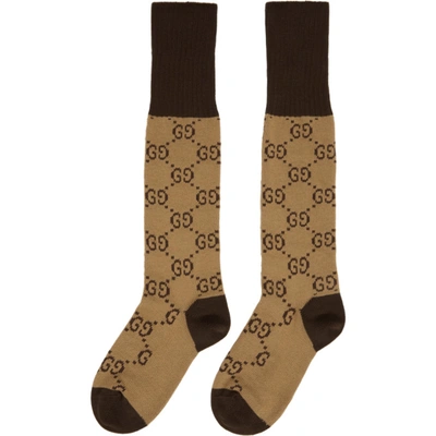 Shop Gucci Beige & Brown Cotton Gg Socks In 9764 Beige/dark Brow
