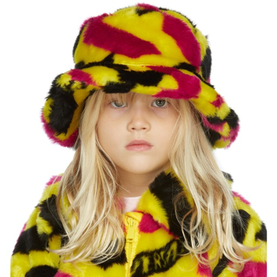 Shop Versace Kids Yellow Faux-fur 'la Greca' Bucket Hat In 5y010 Yellow+multico