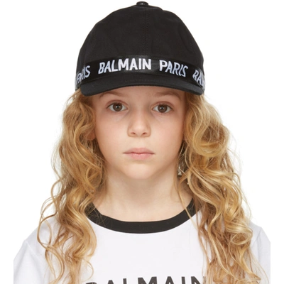 Shop Balmain Kids Black Logo Cap In 930 Black