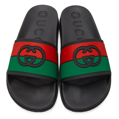 Shop Gucci Black Interlocking G Slip-on Sandals In 8815 Black-red-green