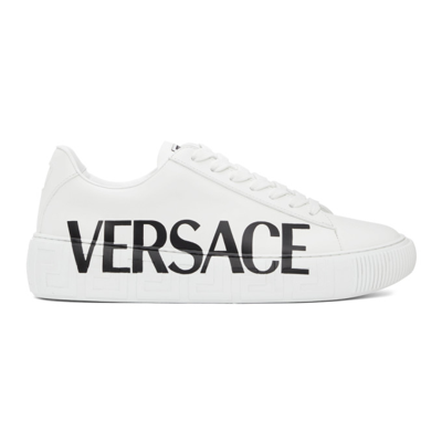Shop Versace White Logo Greca Low-top Sneakers In D0141 Wht