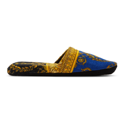 Shop Versace Blue & Gold I Love Barocco Slippers In Z7621 Blue