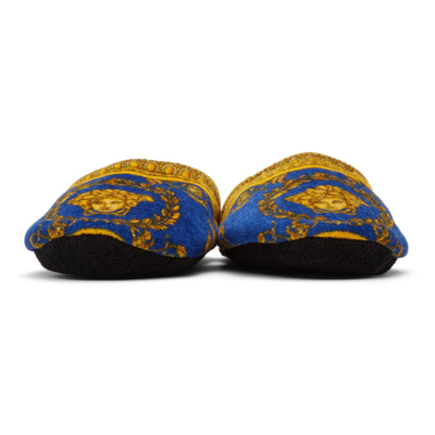 Shop Versace Blue & Gold I Love Barocco Slippers In Z7621 Blue