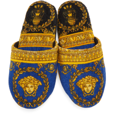 Shop Versace Blue & Gold I Love Barocco Slippers In Z7621 Blue