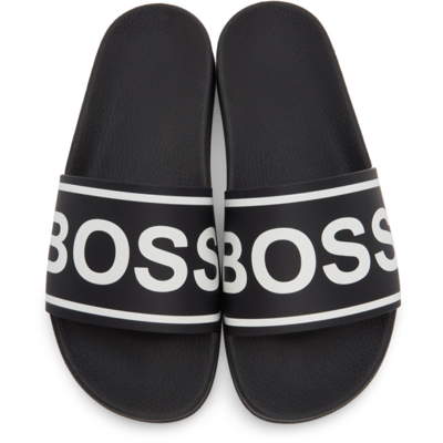 Shop Hugo Boss Black & White Bay Slides In 001 - Black