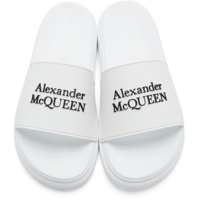 Shop Alexander Mcqueen White Logo Pool Slides In 9061 White/black