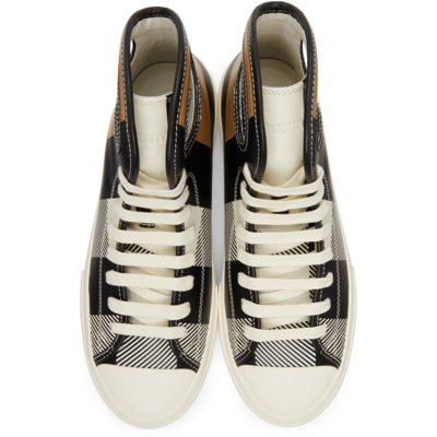Shop Burberry Black & White Check Porthole High-top Sneakers In Black/camel Patter