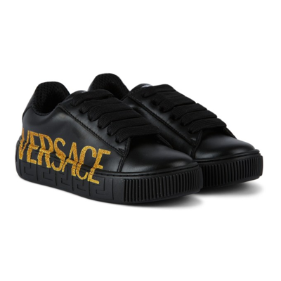 Shop Versace Kids Black Greca Sneakers In 5b000 Black+gold