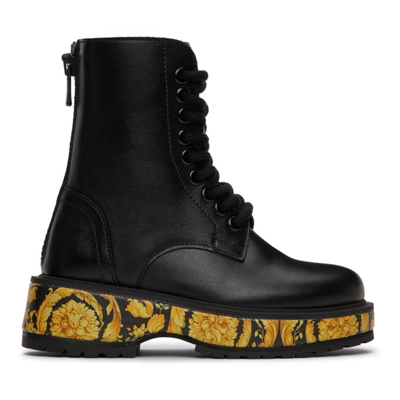 Shop Versace Kids Black Barocco Print Boots In 5b000 Black+gold
