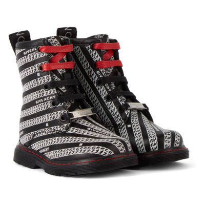 Shop Givenchy Kids Black & White Chain Print Boots In 098 Black