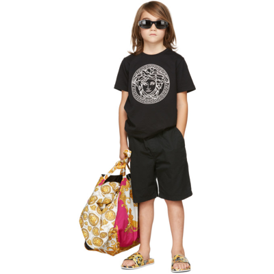 Shop Versace Kids Black & Beige Baroccoflage Slip-on Sandals In 5b000 Black+gold