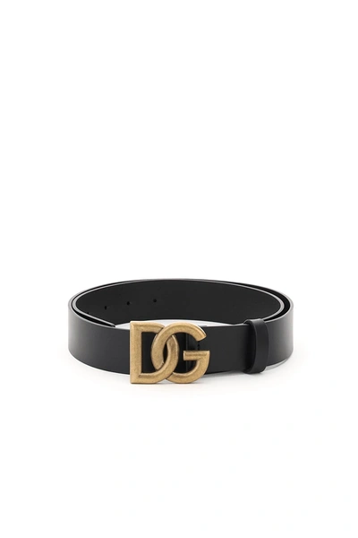 Shop Dolce & Gabbana Cintura In Cuoio Lux Con Logo Dg Incrociato In Nero