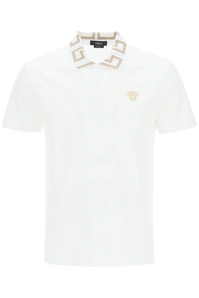 Shop Versace Greca Patterned Collar Polo In Mixed Colours