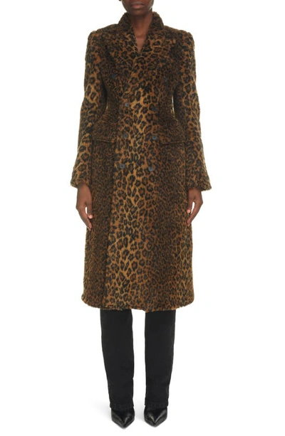 Shop Balenciaga Hourglass Leopard Print Double Breasted Faux Fur Coat In Beige/ Brown