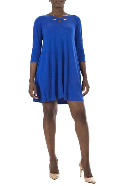 Shop Nina Leonard Hardware Neck Long Sleeve Dress In Deep Sapphire